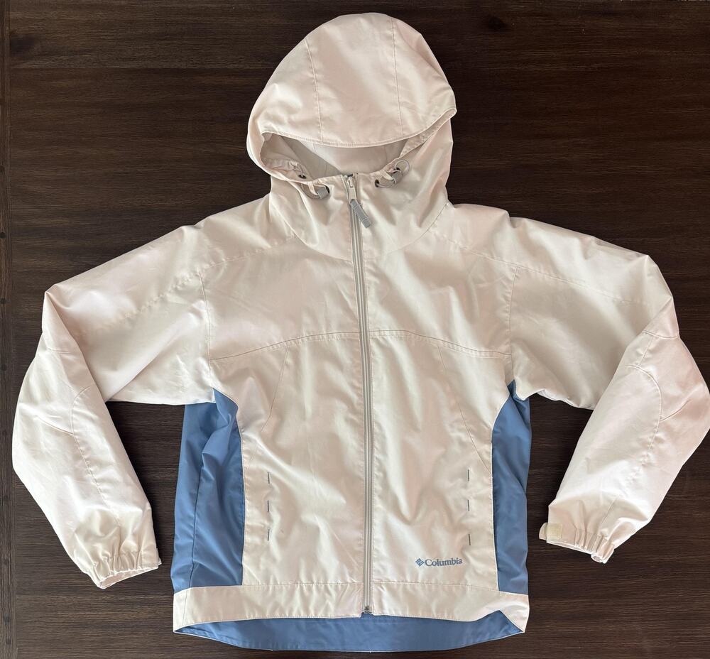 Columbia Jacket Womens Medium Cream Blue Hooded Windbreaker Lightweight Packable